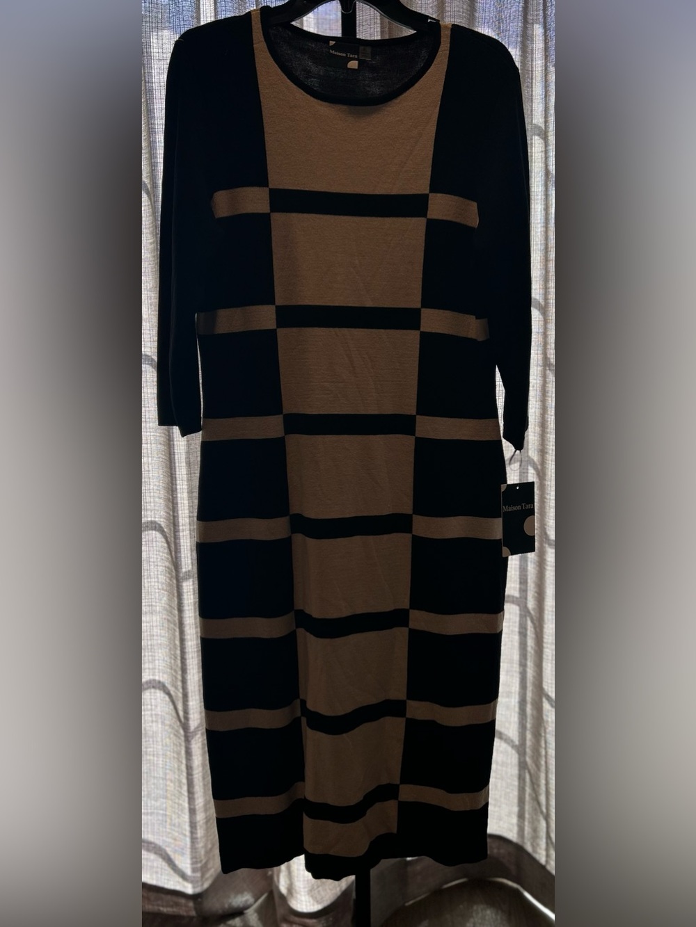 Maison Tara Black and Tan Striped Long Sleeve Knit Midi Dress